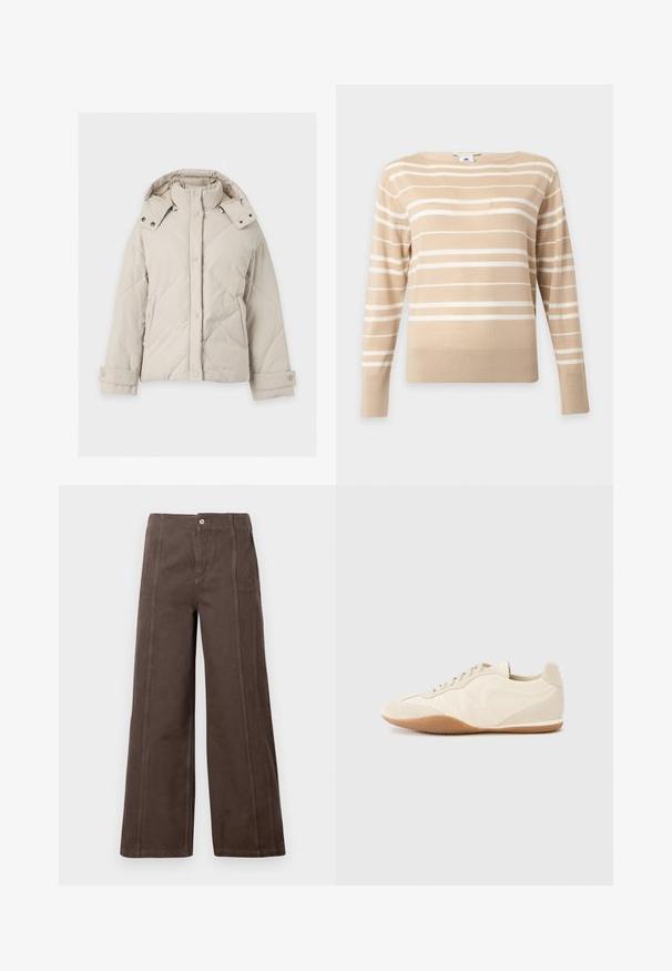 Beige pelsforet vinterjakke med høj krave, trykknapper foran, aftagelig hætte, sidelommer og justerbare manchetter.; Beige langærmet sweater med hvide horisontale striber og rund hals på en ensfarvet lys baggrund.; Brune viddebukser lavet af glat stof, med sømme foran og en enkelt metalknap lukning i taljen.; Lyse beige sneakers med en tekstureret læderoverdel, teksturerede sider og en gummisål. Har et slankt, strømlinet design og flade snørebånd.