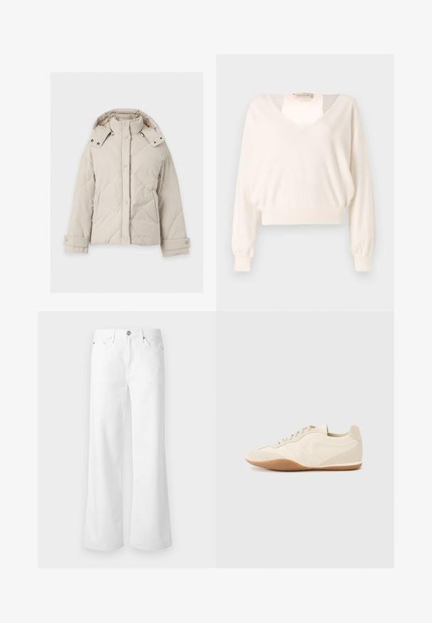 Doudoune beige avec col montant, boutons-pression sur le devant, capuche amovible, poches latérales et poignets ajustables.; Pull crème à manches longues avec un col en V profond et des poignets et un ourlet côtelés, présenté sur un fond gris clair uni.; Jean blanc taille haute à jambes larges avec bouton à l'avant, fermeture éclair et style à cinq poches sur un fond clair uni.; Baskets beige clair avec une tige en cuir texturé, des panneaux latéraux texturés et une semelle en caoutchouc. Dotées d'un design fin et épuré ainsi que de lacets plats.