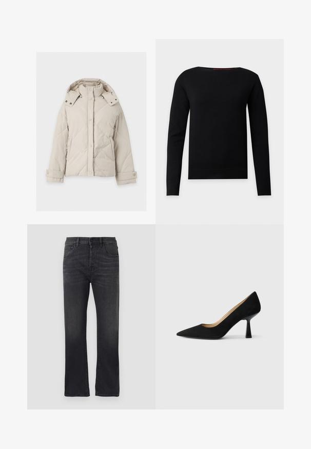 Chaqueta de invierno beige acolchada con cuello alto, botones de presión en la parte delantera, capucha desmontable, bolsillos laterales y puños ajustables.; Jersey negro de manga larga con cuello redondo y un diseño sencillo y ajustado sobre un fondo gris claro.; Pantalones vaqueros de mezclilla negra con un corte recto, que presentan un diseño clásico de cinco bolsillos, cierre de botón y un ligero desvanecimiento en la tela.; Zapato de tacón alto de ante negro con punta afilada, que cuenta con un tacón de bloque negro brillante y un forro interior suave.