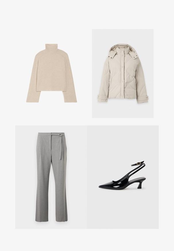 Beige gewatteerde winterjas met hoge kraag, drukknopen aan de voorkant, afneembare capuchon, zijzakken en verstelbare manchetten.; Beige geribbelde coltrui met lange mouwen en een slimfit ontwerp, voorzien van een hoge kraag en een gestructureerd breipatroon.; Grijze op maat gemaakte broek met rechte pijpen, een vlakke voorkant en een stoffen riem met een zilverkleurige D-ring gesp in de taille.; Zwarte gepatineerde leren slingback hakken met een puntige neus, lage blokhak en een verstelbare enkelband met een gouden gespsluiting.