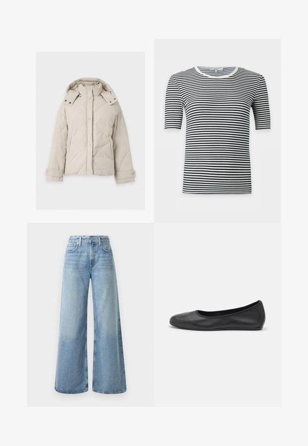 Beige gewatteerde winterjas met hoge kraag, drukknopen aan de voorkant, afneembare capuchon, zijzakken en verstelbare manchetten.; Korte mouw geribde T-shirt met horizontale zwart-witte strepen en een ronde halslijn.; Lichtblauwe denim wijde jeans met een hoge taille, voorzien van vier zakken, een knoopsluiting en subtiele vervaging op de stof.; Zwarte leren ballerina met een ronde neus, gladde textuur, minimale stikdetails en een flexibele zoolontwerp.
