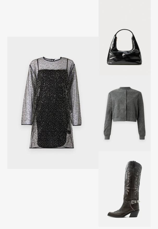 Grau gekürzte Jacke aus strukturiertem Stoff, mit Rundhalsausschnitt, vorderen Druckknöpfen und gerippten Manschetten.; Schwarzes Netzkleid mit langen Ärmeln, dekorativen Mustern aus goldenen und silbernen Perlen sowie einem enganliegenden schwarzen Unterkleid. Rundhals-Ausschnitt und Rückenverschluss.; Schwarzer Leder-Cowboystiefel mit dekorativen Ausschnitten, silberner Schnalle und schräger Ferse, auf weißem Hintergrund dargestellt.; Schwarze Lacklederhandtasche mit einem halbkreisförmigen Griff, trapezförmiger Form, glatter Oberfläche und einem einzigen Reißverschlussdetail.