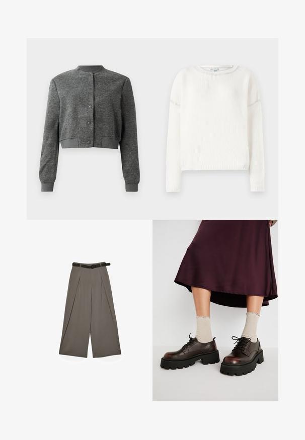 Veste grise cropped en tissu texturé, avec un col rond, des boutons-pression à l'avant et des poignets côtelés.; Pull en maille côtelée blanche avec un col rond, des manches longues et un ourlet légèrement cropped ; tissu texturé et détails de couture minimalistes.; Un pantalon gris à large jambe avec des plis sur le devant et une ceinture noire, présenté à plat sur un fond blanc.; Chaussures en cuir brun à plateforme avec des semelles épaisses noires, associées à des chaussettes beiges côtelées avec des bords festonnés, sur un fond neutre.