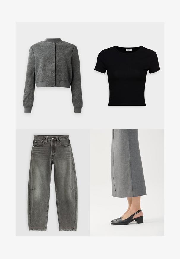 Veste grise cropped en tissu texturé, avec un col rond, des boutons-pression à l'avant et des poignets côtelés.; T-shirt noir à manches courtes en coton lisse, avec un col rond et une coupe ajustée. Minimaliste, sans motifs visibles.; Jeans en denim gris délavé taille haute avec cinq poches, fermeture à bouton et coupe droite relaxée.; Chaussures slingback en cuir noir avec bout pointu, talon bloc et accent de talon rose contrastant. Texture lisse avec un design minimaliste.
