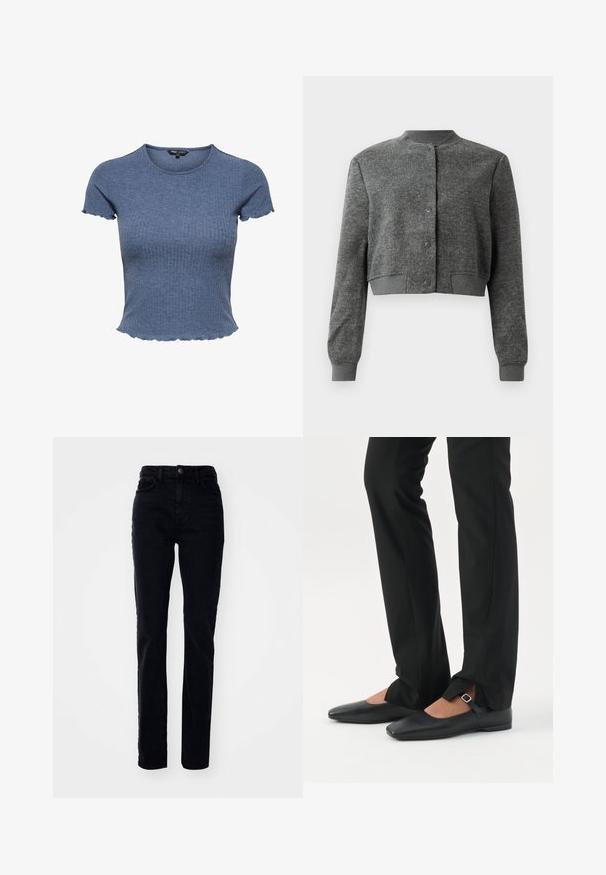 Grau gekürzte Jacke aus strukturiertem Stoff, mit Rundhalsausschnitt, vorderen Druckknöpfen und gerippten Manschetten.; Blaues, kurzärmliges Crop-Top aus geripptem Strick mit wellenförmigen Kanten an Ärmeln und Saum, Rundhalsausschnitt und figurbetontem Schnitt.; Schwarze Denim-Jeans mit geradem Schnitt, hoher Taille, fünf Taschen und Knopfverschluss. Glatte Textur mit einem leichten Glanz.; Beine in schwarzen schmalen Hosen mit vorderen Schlitzen am Saum, kombiniert mit schwarzen flachen Mary-Jane-Schuhen mit kleinem Schnallenriemen.