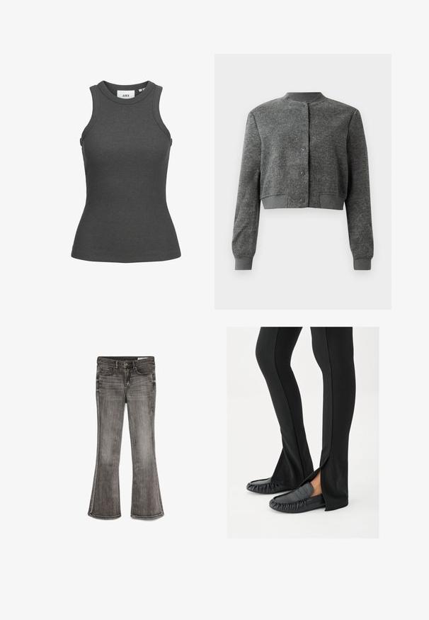Chaqueta gris corta hecha de tejido texturizado, con un cuello redondo, botones a presión en el frente y puños acanalados.; Camiseta sin mangas gris oscuro de punto acanalado con cuello redondo y silueta ajustada, talla pequeña.; Pantalones vaqueros acampanados en denim negro desgastado con un ligero brillo. Presenta cinco bolsillos y costuras en contraste a lo largo de los bordes.; Piernas con pantalones negros acampanados con aberturas laterales, combinados con mocasines de cuero negro sobre un fondo blanco.