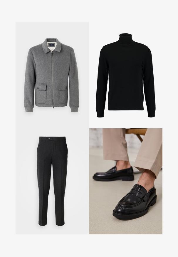 Chaqueta gris de mezcla de lana con cremallera frontal, cuello, dos bolsillos delanteros, puños acanalados y forro interior suave.; Jersey de cuello alto negro hecho de un material de punto suave. Cuenta con mangas largas, collar y dobladillo acanalados. Diseño simple y elegante sin patrones.; Lindbergh Pantalones - black melange; Mocasines de cuero negro con un acabado suave, que cuentan con una correa decorativa y costuras en contraste, combinados con pantalones beiges.