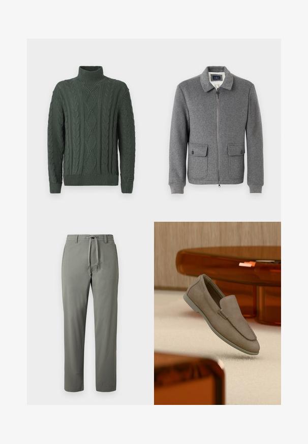 Grau melierte Wollmischung Jacke mit Reißverschluss vorne, einem Kragen, zwei Fronttaschen, gerippten Bündchen und einem glatten Innenfutter.; Dunkelgrüner Strickpullover mit Rollkragen, versehen mit Diamant- und Zopfmuster, sowie gerippten Bündchen und Saum.; Herren-Hose in Olivgrün mit geradem Bein, Kordelzugbund und Gürtelschlaufen, präsentiert vor schlichter Hintergrund.; Beiger Wildleder-Slipper mit sichtbarer Naht und heller Sohle, auf einem cremefarbenen Teppich platziert, mit orange-transparenten Möbeln im Hintergrund.