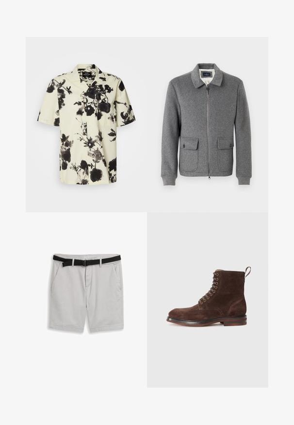 Chaqueta gris de mezcla de lana con cremallera frontal, cuello, dos bolsillos delanteros, puños acanalados y forro interior suave.; Camisa de manga corta con base crema y patrones florales negros. Hecha de un tejido ligero, tiene un cierre de botones en la parte delantera y un bolsillo en el pecho.; Pantalones cortos gris claro con un tejido texturizado, que incluyen un cinturón negro y cierre de botón, diseñados con dos bolsillos delanteros y dobladillos enrollados.; Botín de ante marrón hasta el tobillo con punta redonda, ojales de metal, diseño de cordones, lengüeta trasera y suela de cuero apilada.