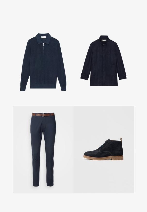 Mænds mørk navy uldfrakke med høj krave, to knapper ved halsen, lange ærmer og to sidelommer.; Mørk marineblå strikket langærmet polo shirt med ribbet tekstur og en kort sølv lynlås ved kraven.; Marineblå bomuldsbukser med slim fit, udstyret med et brunt læderbælte, fire lommer og en glat tekstur. Minimalistisk design uden mønstre.; Suedes ankelstøvler i mørk navy med rund tå, snørebåndslukning og en brun gummisål. Har et syet design og en bageste trækflap.