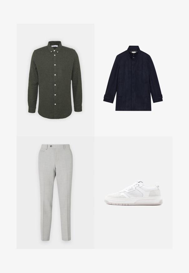 Manteau en laine bleu marine foncé pour homme avec un col haut, deux boutons au cou, des manches longues et deux poches latérales.; Chemise boutonnée vert foncé avec un col, des manches longues et des boutons blancs. Tissu doux et texturé avec un ourlet légèrement arrondi.; Pantalon gris ajusté avec un motif à carreaux subtil, fabriqué en tissu léger. Dispose d'une fermeture à bouton et de poches latérales. Silhouette ajustée.; Baskets blanches basses avec panneaux latéraux perforés, design à lacets, marque "ICEBERG" sur la semelle et le côté, avec accents en daim.