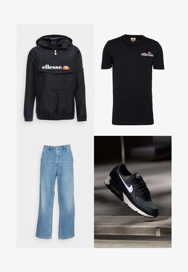 Zwarte windjack met capuchon, voorzien van een rits aan de voorkant en een grote zak. Het "ellesse" logo is prominent aanwezig. Elastische manchetten en zoom.; Zwarte T-shirt met korte mouwen van katoen. Heeft een ronde halslijn en een geborduurd "ellesse" logo met een rode en oranje accenten.; Lichtblauwe wijde jeans gemaakt van denim. Heeft een hoge taille, knoopsluiting en een standaard vijf-pocket ontwerp. Gladde textuur.; Zwart-grijze Nike Air Max sneaker met witte swoosh, zwevend boven een betonnen oppervlak tegen een wazige donkere achtergrond.
