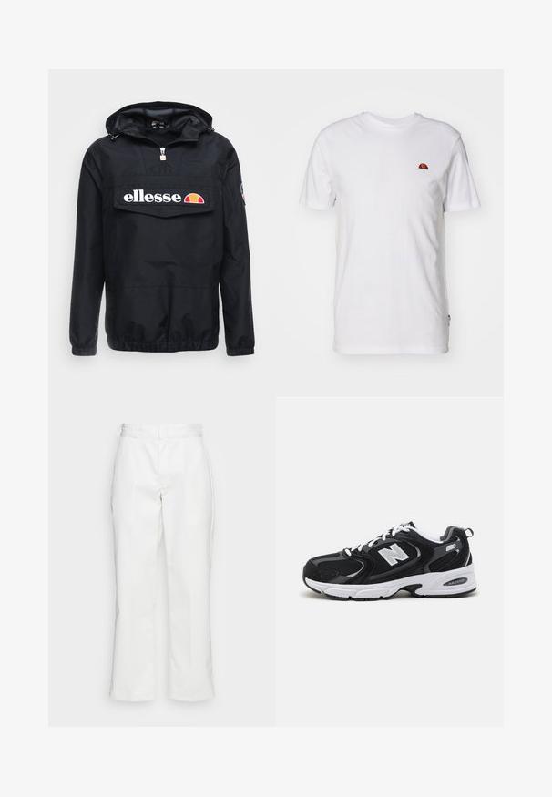 Veste coupe-vent noire avec capuche, dotée d'une fermeture éclair à l'avant et d'une grande poche. Logo "ellesse" affiché en évidence. Manches et ourlet élastiques.; T-shirt blanc uni à manches courtes avec un petit logo en demi-cercle rouge et orange sur la partie supérieure gauche de la poitrine.; Pantalons en coton blanc avec une coupe droite, passants de ceinture et poches latérales, possédant une texture lisse et un design minimaliste.; Baskets de sport noires et grises avec un tige en mesh et en suède, présentant une semelle intermédiaire blanche, des lacets et un logo "N" audacieux sur le côté.