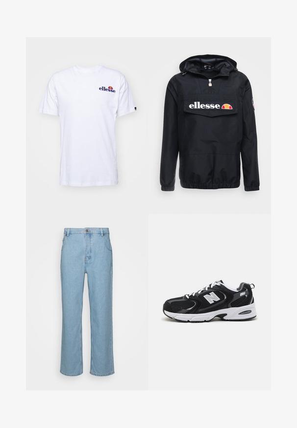 Čierna vetrovka s kapucňou, so zapínaním na zips vpredu a veľkou vreckom. Logo "ellesse" je umiestnené na viditeľnom mieste. Elastické manžety a spodný lem.; Biela bavlnená tričko s krátkymi rukávmi, na ľavej hrudi s námornícko modrým vyšitým logom a živou farebnou akcentáciou nad logom.; Svetlomodré riflové nohavice so striktným strihom, s klasickým zapínaním na gombík, pútka na opasok a dvoma prednými vreckami.; Čierne a šedé športové topánky s hornou časťou z mikrovlákna a zamatu, s bielou medzipodrážkou, šnúrkami a výrazným logom "N" na boku.