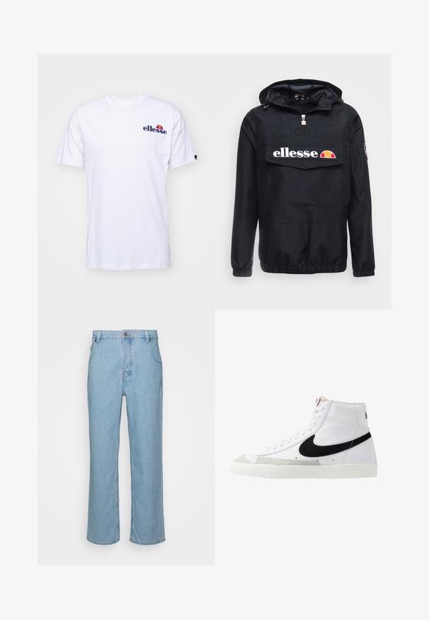 Čierna vetrovka s kapucňou, so zapínaním na zips vpredu a veľkou vreckom. Logo "ellesse" je umiestnené na viditeľnom mieste. Elastické manžety a spodný lem.; Biela bavlnená tričko s krátkymi rukávmi, na ľavej hrudi s námornícko modrým vyšitým logom a živou farebnou akcentáciou nad logom.; Svetlomodré riflové nohavice so striktným strihom, s klasickým zapínaním na gombík, pútka na opasok a dvoma prednými vreckami.; Biele vysoké tenisky s čiernym swooshom, textúrovanou šedou špičkou a plochou bielou podrážkou. Obsahujú šesť dierok na šnúrky a prešívané akcenty.
