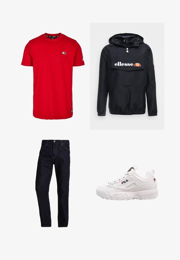 Sort vindjakke med hætte, med en frontlynlås og stor lomme. "ellesse"-logoet vises tydeligt. Elastiske manchetter og nederste kant.; Rød bomulds t-shirt med rund hals, korte ærmer og et lille sort logo på venstre bryst og ærme. Glat, ensfarvet stof.; Mørkeblå denim jeans med lige pasform, med gul syning, fem lommer og en klassisk knap- og lynlås lukning.; Hvid atletisk sneakers med en glat læderoverdel, polstret krave, teksturerede sidepaneler og et mærkeforretning i rød og blå.