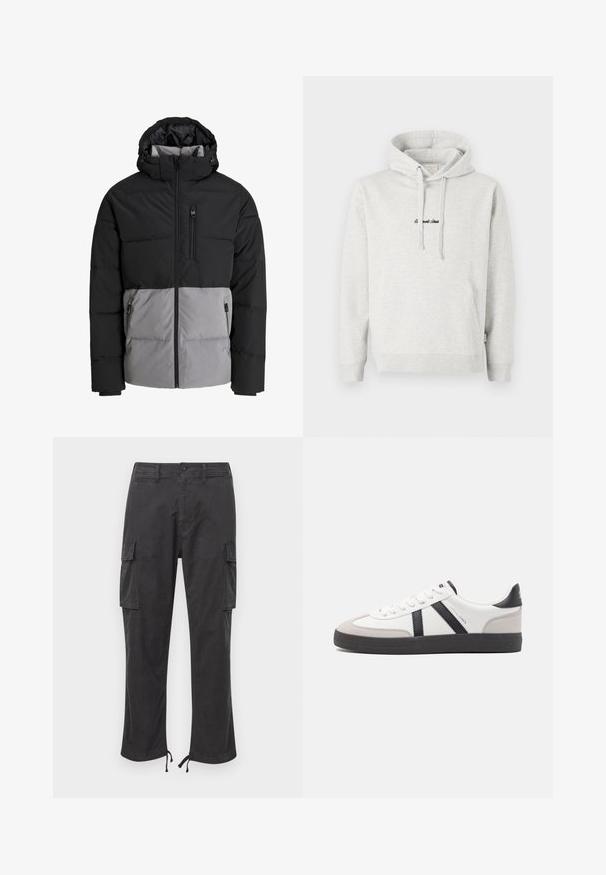 Zwarte en grijze donsjas met capuchon, volledige ritssluiting aan de voorkant, borstzak en twee zijzakken met ritssluiting, afgebeeld op een witte achtergrond.; Lichtgrijze hoodie met een kangoeroezak, een capuchon met trekkoord en geborduurde tekst in het zwart aan de voorkant. Gemaakt van een katoenblend, met ribgebreide manchetten.; Zwarte cargobroek met twee zijzakken, verstelbare trekkoordmanchetten, een knoopsluiting en een gladde, duurzame stofstructuur.; Witte sneaker met zwarte en grijze accenten, voorzien van een grijze neus met textuur, zwarte rubberen zool en platte witte veters. Schoon ontwerp, minimalistische stijl.