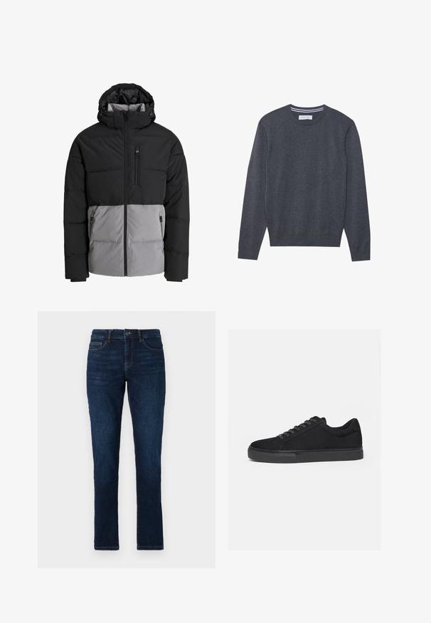 Schwarze und graue Steppjacke mit Kapuze, durchgehendem Frontreißverschluss, Brusttasche und zwei seitlichen Reißverschlusstaschen, auf weißem Hintergrund dargestellt.; Grauer Strickpullover mit Rundhalsausschnitt, langen Ärmeln und gerippten Bündchen. Verfügt über eine subtile Textur und ein Etikett am Hals.; Dunkelblaue Jeans im Slim-Fit-Stil mit dem klassischen Fünf-Taschen-Design sowie einer Knopf- und Reißverschlussbefestigung. Glatte Textur mit minimalem Verblassen.; Schwarzer Low-Top-Sneaker mit Schnürung vorne und flacher Gummisohle, seitlich auf weißem Hintergrund dargestellt.