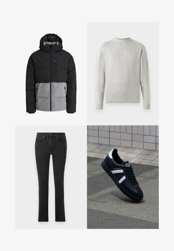 Doudoune noire et grise avec capuche, fermeture éclair intégrale à l'avant, poche poitrine et deux poches latérales zippées, présentée sur fond blanc.; Pull léger gris fabriqué en tissu doux, avec un col ras du cou côtelé et des poignets et un ourlet côtelés. Design minimaliste, manches longues.; Jeans noirs en denim avec une coupe ajustée. Comprend cinq poches, des passants de ceinture et une fermeture éclair à l'avant avec un bouton. Texture lisse.; Sneaker en cuir noir avec des rayures blanches, semelle en caoutchouc texturée et devant à lacets. Présente une étiquette de marque sur la languette.