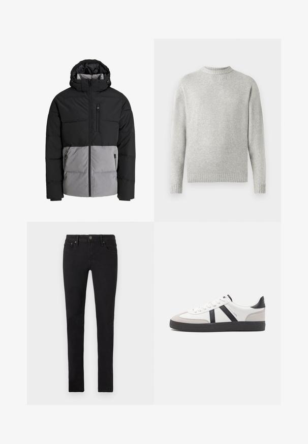 Schwarze und graue Steppjacke mit Kapuze, durchgehendem Frontreißverschluss, Brusttasche und zwei seitlichen Reißverschlusstaschen, auf weißem Hintergrund dargestellt.; Hellgrauer Pullover aus weichem Stoff, mit ribbeltem Rundhalsausschnitt sowie ribbelten Bündchen und Saum. Minimalistisches Design, lange Ärmel.; Schwarze Slim-Fit-Jeans mit fünf Taschen, Knopfverschluss und Gürtelschlaufen, flach auf einem weißen Hintergrund präsentiert.; Weiße Sneaker mit schwarz- und grau-aczenten, ausgestattet mit einer strukturierten grauen Zehenkappe, schwarzer Gummi-Sohle und flachen weißen Schnürsenkeln. Sauberes Design, minimalistische Stil.
