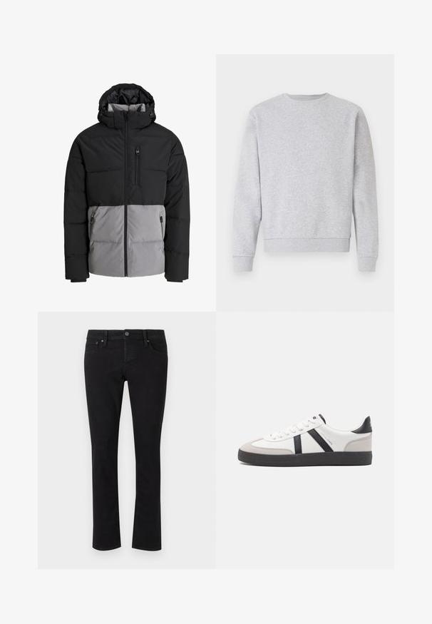 Schwarze und graue Steppjacke mit Kapuze, durchgehendem Frontreißverschluss, Brusttasche und zwei seitlichen Reißverschlusstaschen, auf weißem Hintergrund dargestellt.; Grauer Sweatshirt aus weichem Stoff, mit Rundhalsausschnitt, langen Ärmeln und gerippten Bündchen und Saum. Einfaches Design ohne Logos oder Muster.; Schwarze Jeans aus Denim mit geradem Schnitt, Fünf-Taschen-Design, Metallknopfverschluss und minimaler Stickereidetails. Durchgehend glatte Textur.; Weiße Sneaker mit schwarz- und grau-aczenten, ausgestattet mit einer strukturierten grauen Zehenkappe, schwarzer Gummi-Sohle und flachen weißen Schnürsenkeln. Sauberes Design, minimalistische Stil.