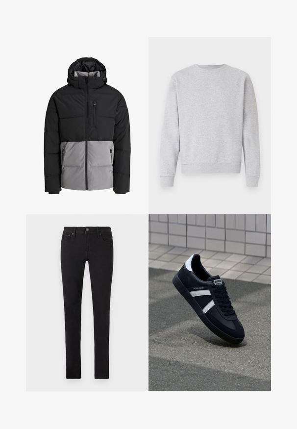 Sort og grå dunjakke med hætte, fuld lynlås foran, brystlomme og to sidelommer med lynlås, vist på hvid baggrund.; Grå sweatshirt lavet af blødt stof, med rund hals, lange ærmer samt ribbemanchetter og -kant. Simpelt design uden logoer eller mønstre.; Sorte slim-fit jeans med fem lommer, knaplukning og bælteklips, vist fladt på en hvid baggrund.; Sort lædersneaker med hvide striber, tekstureret gummisål og snørrebånd foran. Har et brandet mærke på tungen.