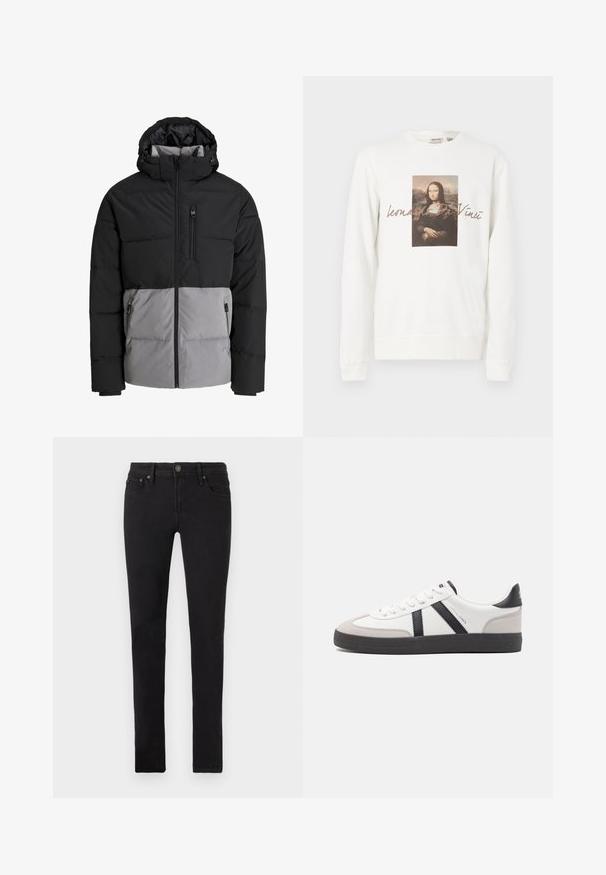 Schwarze und graue Steppjacke mit Kapuze, durchgehendem Frontreißverschluss, Brusttasche und zwei seitlichen Reißverschlusstaschen, auf weißem Hintergrund dargestellt.; Weißes Sweatshirt mit einem mittig gedruckten Bild der Mona Lisa, darunter der Schriftzug "Leonardo Da Vinci" in einem sanften Braunton.; Schwarze Slim-Fit-Jeans mit fünf Taschen, Knopfverschluss und Gürtelschlaufen, flach auf einem weißen Hintergrund präsentiert.; Weiße Sneaker mit schwarz- und grau-aczenten, ausgestattet mit einer strukturierten grauen Zehenkappe, schwarzer Gummi-Sohle und flachen weißen Schnürsenkeln. Sauberes Design, minimalistische Stil.