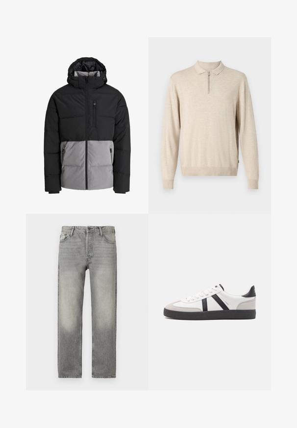 Sort og grå dunjakke med hætte, fuld lynlås foran, brystlomme og to sidelommer med lynlås, vist på hvid baggrund.; Beige langermet pullover med krave og lynlås. Lavet af blødt materiale med ribbede manchetter og kant.; Grå denim jeans med en afslappet pasform, der har en lysvasket finish, fem lommers design, knaplukning og lige ben.; Hvide sneakers med sorte og grå detaljer, med en tekstureret grå tåhætte, sort gummisål og flade hvide snørebånd. Rent design, minimalistisk stil.