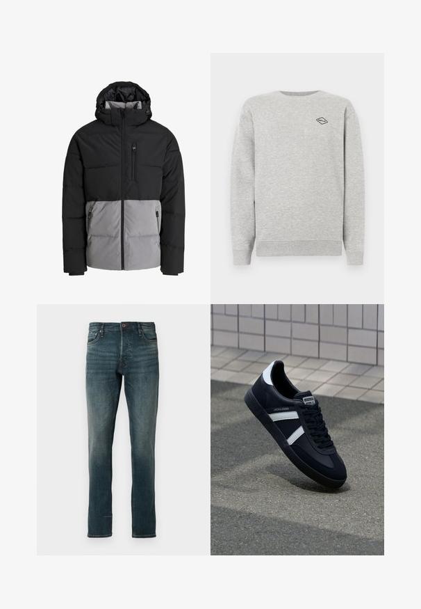 Sort og grå dunjakke med hætte, fuld lynlås foran, brystlomme og to sidelommer med lynlås, vist på hvid baggrund.; Grå sweatshirt lavet af en blanding af bomuld, med rund halsudskæring og ribbede manchetter. Et lille sort diamantlogo er broderet på brystet.; Mørkeblå slim-fit jeans med fem lommer og knaplukning, vist mod en ensfarvet hvid baggrund.; Sort lædersneaker med hvide striber, tekstureret gummisål og snørrebånd foran. Har et brandet mærke på tungen.