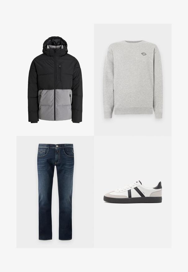 Schwarze und graue Steppjacke mit Kapuze, durchgehendem Frontreißverschluss, Brusttasche und zwei seitlichen Reißverschlusstaschen, auf weißem Hintergrund dargestellt.; Grauer Sweatshirt aus Baumwollmischung, mit Rundhalsausschnitt und gerippten Bündchen. Ein kleines schwarzes Diamantlogo ist auf der Brust gestickt.; Dunkelblaue Jeans aus Denim mit einem klassischen geraden Bein Design, ausgestattet mit fünf Taschen, einem Knopfverschluss vorne und dezenten Steppnähten.; Weiße Sneaker mit schwarz- und grau-aczenten, ausgestattet mit einer strukturierten grauen Zehenkappe, schwarzer Gummi-Sohle und flachen weißen Schnürsenkeln. Sauberes Design, minimalistische Stil.