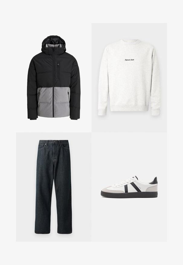 Zwarte en grijze donsjas met capuchon, volledige ritssluiting aan de voorkant, borstzak en twee zijzakken met ritssluiting, afgebeeld op een witte achtergrond.; Lichtgrijze crewneck sweatshirt gemaakt van zachte stof, met een klein zwart 'Originals Studio' logo op de voorkant en geribde manchetten.; Donkerdenim jeans met een rechte pijp, voorzien van een traditionele vijf-pocket indeling en een metalen knoopsluiting bij de taille.; Witte sneaker met zwarte en grijze accenten, voorzien van een grijze neus met textuur, zwarte rubberen zool en platte witte veters. Schoon ontwerp, minimalistische stijl.