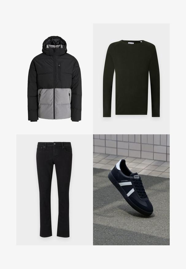 Doudoune noire et grise avec capuche, fermeture éclair intégrale à l'avant, poche poitrine et deux poches latérales zippées, présentée sur fond blanc.; Chemise en tricot à manches longues vert foncé avec un col rond, présentant un tissu texturé et des poignets ajustés. Étiquette visible au niveau du col.; Jean en denim noir avec une coupe droite, design à cinq poches, fermeture à bouton en métal et détails de couture minimalistes. Texture lisse sur l'ensemble.; Sneaker en cuir noir avec des rayures blanches, semelle en caoutchouc texturée et devant à lacets. Présente une étiquette de marque sur la languette.