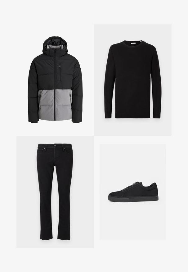 Sort og grå dunjakke med hætte, fuld lynlås foran, brystlomme og to sidelommer med lynlås, vist på hvid baggrund.; Sort crew neck sweater, lange ærmer, strikket stof, ribbede manchetter og kant, minimalistisk design, glat tekstur, ingen synlige mønstre.; Sorte denimjeans med lige snit, fem-lomme design, metalknaplukning og minimal syning. Glat tekstur hele vejen igennem.; Sort lavtop sneaker med snørelukning foran og flad gummisål, vist fra siden på en hvid baggrund.