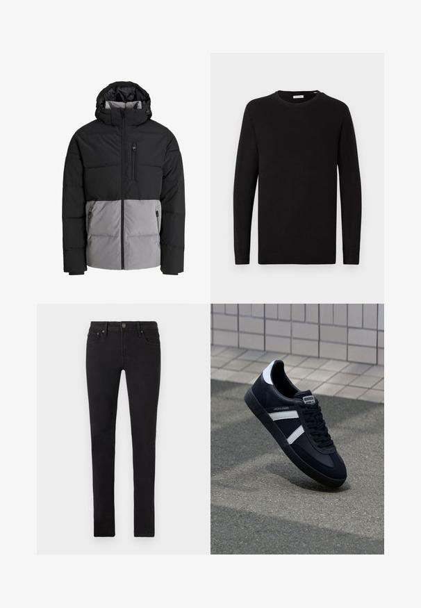 Sort og grå dunjakke med hætte, fuld lynlås foran, brystlomme og to sidelommer med lynlås, vist på hvid baggrund.; Sort crew neck sweater, lange ærmer, strikket stof, ribbede manchetter og kant, minimalistisk design, glat tekstur, ingen synlige mønstre.; Sorte slim-fit jeans med fem lommer, knaplukning og bælteklips, vist fladt på en hvid baggrund.; Sort lædersneaker med hvide striber, tekstureret gummisål og snørrebånd foran. Har et brandet mærke på tungen.