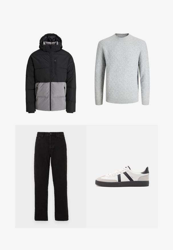 Sort og grå dunjakke med hætte, fuld lynlås foran, brystlomme og to sidelommer med lynlås, vist på hvid baggrund.; Lysegrå hjemmestrikket sweater med diamantmønster, ribstrikket rund halsudskæring, manchetter og kant, lange ærmer, velegnet til koldt vejr.; Sorte denim jeans med lige ben design, der har knaplukning, bæltestropper og klassisk fem-lomme stil.; Hvide sneakers med sorte og grå detaljer, med en tekstureret grå tåhætte, sort gummisål og flade hvide snørebånd. Rent design, minimalistisk stil.