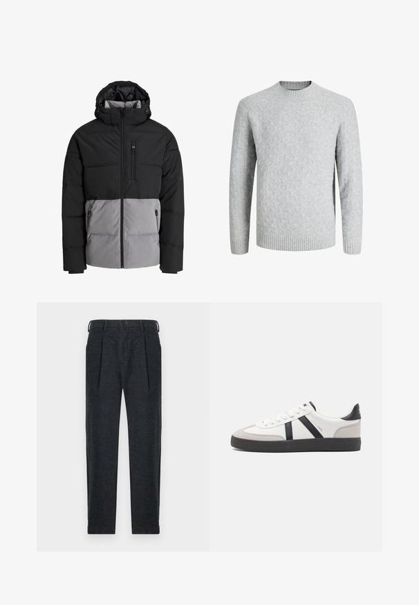 Chaqueta acolchada negra y gris con capucha, cremallera completa frontal, bolsillo en el pecho y dos bolsillos laterales con cremallera, mostrada sobre fondo blanco.; Jersey de punto gris claro con patrón de rombos, cuello redondo, puños y dobladillo acanalados, mangas largas, adecuado para clima frío.; Pantalones de mezcla de lana gris con dos pliegues frontales, trabillas para cinturón, bolsillos laterales y cierre de botón. Diseño de pierna recta con una textura suave.; Zapatilla blanca con acentos en negro y gris, que presenta una puntera texturizada en gris, suela de goma negra y cordones planos blancos. Diseño limpio, estilo minimalista.