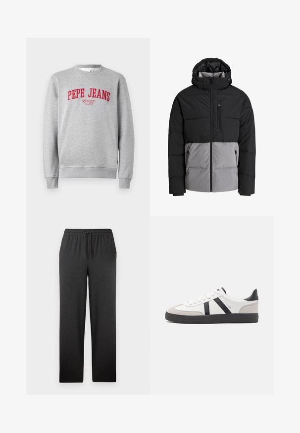 Musta ja harmaa toppatakki hupulla, koko etuosan vetoketjulla, rintataskulla ja kahdella sivutaskulla vetoketjuilla, esitetty valkoisella taustalla.; Harmaa huppari, jossa on punainen brodeerattu "PEPE JEANS" -logo ja tekstillä "London W1 1973" alla, joustavat hihansuut ja helma.; Mustat vetoketjulliset housut, joissa on nyöri. Ne on valmistettu pehmeästä kankaasta, ja niissä on suora lahkeensuunnittelu sekä minimaalinen tekstuuri. Taskuja ei ole näkyvissä.; Valkoiset lenkkarit mustilla ja harmailla yksityiskohdilla, joissa on teksturoitu harmaa kärki, musta kumipohja ja litteät valkoiset nauhat. Siisti muotoilu, minimalistinen tyyli.