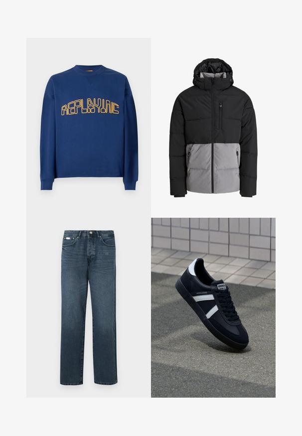 Schwarze und graue Steppjacke mit Kapuze, durchgehendem Frontreißverschluss, Brusttasche und zwei seitlichen Reißverschlusstaschen, auf weißem Hintergrund dargestellt.; Navyblauer Rundhalsausschnitt-Pullover mit langen Ärmeln und gelbem, stilisiertem "REPLAYINC"-Text auf der Brust.; Dunkelblaue Jeans aus Denim mit geradem Schnitt, fünf Taschen, Gürtelschlaufen und Reißverschluss. Glatte Textur mit dezenten Ausbleichungen.; Schwarze Leder-Sneaker mit weißen Streifen, strukturiertem Gummisohle und Schnürung. Verfügt über ein Markenetikett auf der Zunge.