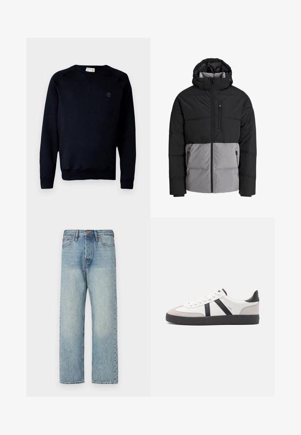 Sort og grå dunjakke med hætte, fuld lynlås foran, brystlomme og to sidelommer med lynlås, vist på hvid baggrund.; Sort sweatshirt lavet af en blanding af bomuld, med rund halsudskæring, lange ærmer, ribbede manchetter og et lille logo på brystet.; Lysblå denimjeans med lige ben-design, fem lommer og bronze hardware. Minimal falming med en ren finish.; Hvide sneakers med sorte og grå detaljer, med en tekstureret grå tåhætte, sort gummisål og flade hvide snørebånd. Rent design, minimalistisk stil.