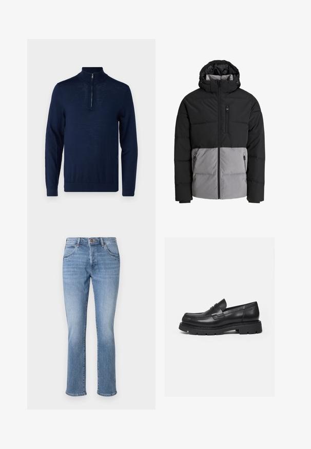Schwarze und graue Steppjacke mit Kapuze, durchgehendem Frontreißverschluss, Brusttasche und zwei seitlichen Reißverschlusstaschen, auf weißem Hintergrund dargestellt.; Navyblaues Langarm-Pullover mit einem Viertel-Reißverschluss-Kragen. Glatte Textur, körperbetontes Design, minimale Nahtdetails und keine sichtbaren Logos.; Hellblaue Jeans mit geradem Bein, Vordertaschen, Gürtelschlaufen und Knopfverschluss.; Schwarzer Lederloafer mit dicker, profilierter Sohle und Pennyriemen-Detail, von der rechten Seitenansicht auf weißem Hintergrund gezeigt.