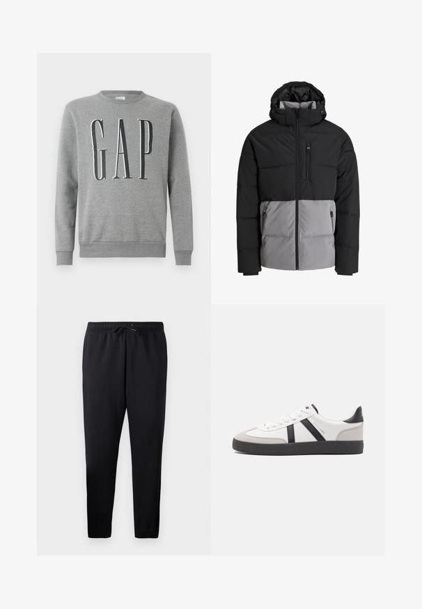 Zwarte en grijze donsjas met capuchon, volledige ritssluiting aan de voorkant, borstzak en twee zijzakken met ritssluiting, afgebeeld op een witte achtergrond.; Grijze sweatshirt met een ronde hals, ribgebreide manchetten en zoom, met het woord "GAP" in grote zwarte letters op de voorkant. Zachte stoftextuur.; Zwarte taperende joggers van zachte stof, met een elastische tailleband met trekkoord, boordjes aan de enkels en zonder zakken.; Witte sneaker met zwarte en grijze accenten, voorzien van een grijze neus met textuur, zwarte rubberen zool en platte witte veters. Schoon ontwerp, minimalistische stijl.