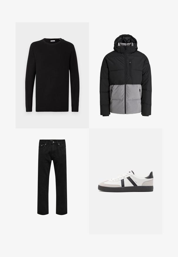 Sort og grå dunjakke med hætte, fuld lynlås foran, brystlomme og to sidelommer med lynlås, vist på hvid baggrund.; Sort crew neck sweater, lange ærmer, strikket stof, ribbede manchetter og kant, minimalistisk design, glat tekstur, ingen synlige mønstre.; Sorte denimjeans med lige ben, klassisk fem-lomme design og knaplukning ved taljen, vist fladt på en hvid baggrund.; Hvide sneakers med sorte og grå detaljer, med en tekstureret grå tåhætte, sort gummisål og flade hvide snørebånd. Rent design, minimalistisk stil.