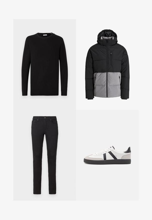 Doudoune noire et grise avec capuche, fermeture éclair intégrale à l'avant, poche poitrine et deux poches latérales zippées, présentée sur fond blanc.; Pull noir à col rond, manches longues, tissu tricoté, poignets et ourlet côtelés, design minimaliste, texture lisse, sans motifs visibles.; Jeans noirs à coupe slim. Confectionnés en denim, avec une fermeture éclair, cinq poches et de subtils détails de couture.; Baskets blanches avec des accents noirs et gris, présentant un embout texturé gris, une semelle en caoutchouc noir et des lacets plats blancs. Design épuré, style minimaliste.