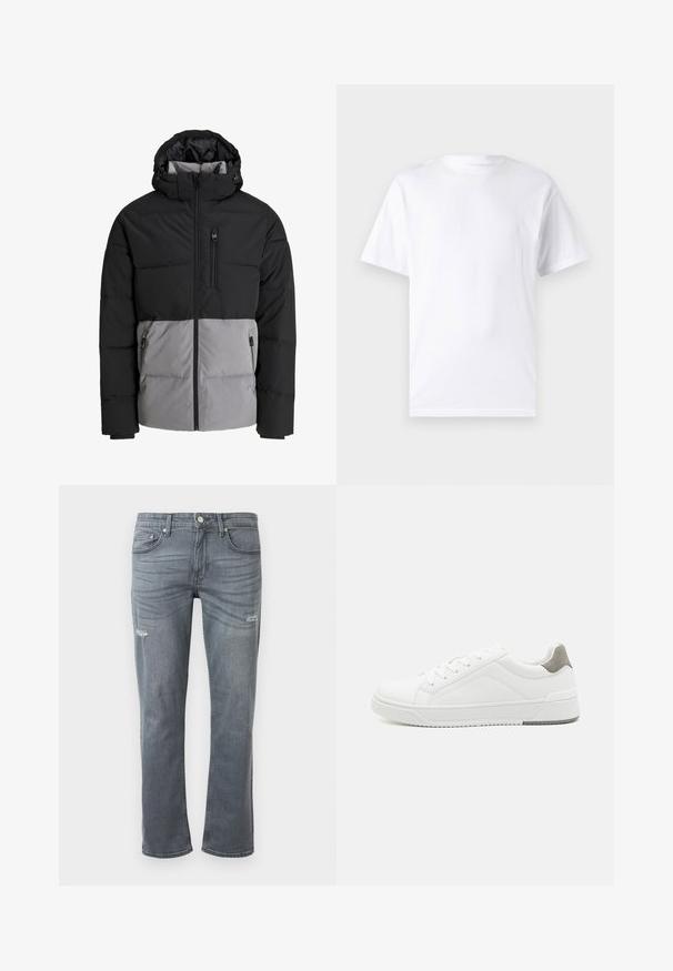 Schwarze und graue Steppjacke mit Kapuze, durchgehendem Frontreißverschluss, Brusttasche und zwei seitlichen Reißverschlusstaschen, auf weißem Hintergrund dargestellt.; Weißes kurzärmeliges T-Shirt aus Baumwolle mit Rundhalsausschnitt, das eine glatte Textur und ein einfaches Design ohne Muster oder Akzente aufweist.; Graue Denim-Jeans mit geradem Bein, leichtem Distressing an den Knien und klassischem Fünf-Taschen-Design. Knopfverschluss an der Taille.; Weißer Sneaker aus glattem Leder, runde Zehenpartie, minimalistisches Design, graue Fersenkante und strukturierte Gummisohle.