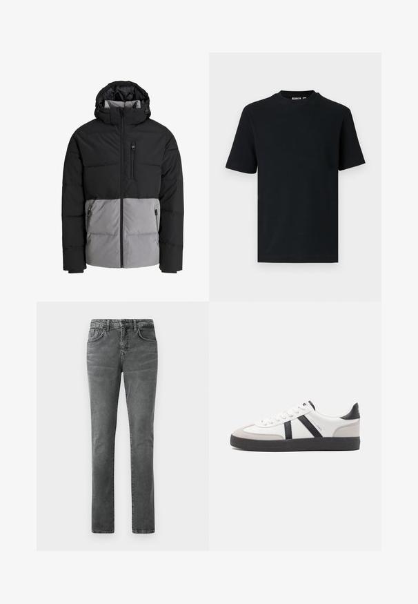 Schwarze und graue Steppjacke mit Kapuze, durchgehendem Frontreißverschluss, Brusttasche und zwei seitlichen Reißverschlusstaschen, auf weißem Hintergrund dargestellt.; Schwarzes, kurzärmeliges, geripptes Strick-T-Shirt mit Rundhalsausschnitt und einem kleinen, sichtbaren Etikett im Krageninnenteil.; Graue Jeans aus Denim mit geradem Bein, Fünf-Taschen-Design, dezenter Ausbleichung und Gürtelschlaufen. Keine sichtbaren Logos oder Verzierungen.; Weiße Sneaker mit schwarz- und grau-aczenten, ausgestattet mit einer strukturierten grauen Zehenkappe, schwarzer Gummi-Sohle und flachen weißen Schnürsenkeln. Sauberes Design, minimalistische Stil.
