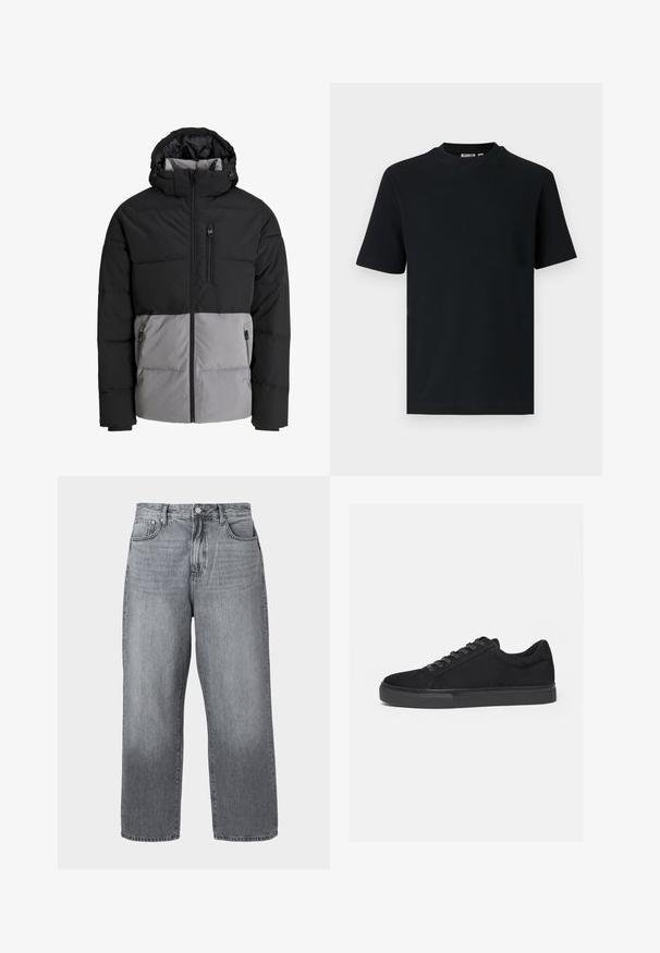 Schwarze und graue Steppjacke mit Kapuze, durchgehendem Frontreißverschluss, Brusttasche und zwei seitlichen Reißverschlusstaschen, auf weißem Hintergrund dargestellt.; Schwarzes, kurzärmeliges, geripptes Strick-T-Shirt mit Rundhalsausschnitt und einem kleinen, sichtbaren Etikett im Krageninnenteil.; Graue Denim-Jeans im weiten Schnitt mit hoher Taille, Fünf-Taschen-Design und Metallverschluss. Der Stoff zeigt leichte Ausbleichungen nahe dem Saum.; Schwarzer Low-Top-Sneaker mit Schnürung vorne und flacher Gummisohle, seitlich auf weißem Hintergrund dargestellt.
