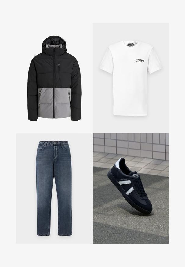 Zwarte en grijze donsjas met capuchon, volledige ritssluiting aan de voorkant, borstzak en twee zijzakken met ritssluiting, afgebeeld op een witte achtergrond.; Wit T-shirt met korte mouwen en ronde hals, met een klein zwart "Pepsi-Cola" logo op de linkerkant van de borst en een merklabel in de nek.; Jack & Jones Loose-fit JJIEDDIE JJORIGINAL SQ 227 - Baggy jeans - blue denim; Zwarte leren sneaker met witte strepen, een gestructureerde rubberen zool en vetersluiting aan de voorkant. Voorzien van een merklabel op de tong.