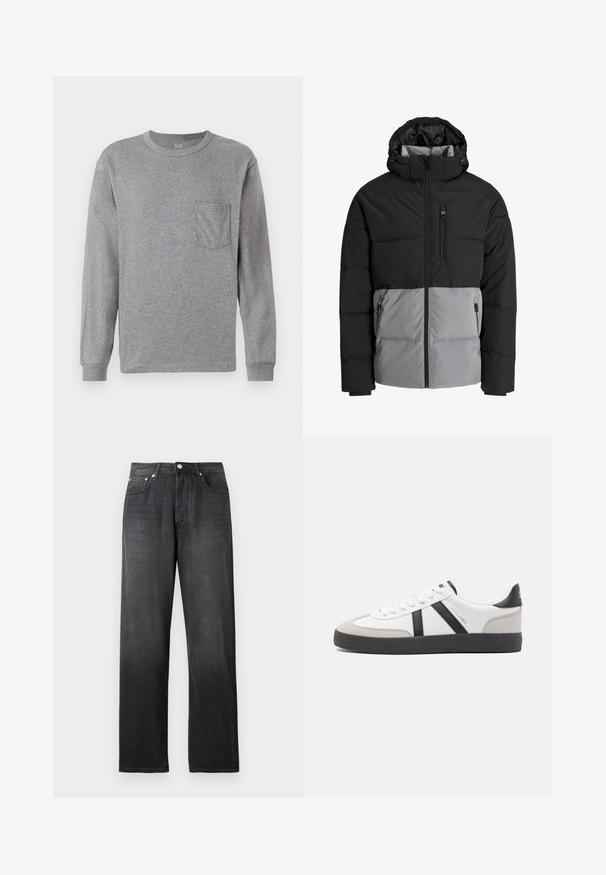 Doudoune noire et grise avec capuche, fermeture éclair intégrale à l'avant, poche poitrine et deux poches latérales zippées, présentée sur fond blanc.; T-shirt à manches longues gris avec un col rond, doté d'une poche poitrine et de poignets côtelés. Fabriqué en coton souple et léger.; Jean noir taille haute à jambes droites avec bouton et fermeture éclair à l'avant, deux poches avant et un léger délavage.; Baskets blanches avec des accents noirs et gris, présentant un embout texturé gris, une semelle en caoutchouc noir et des lacets plats blancs. Design épuré, style minimaliste.