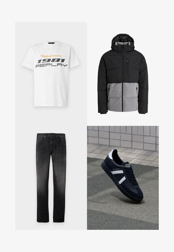 Schwarze und graue Steppjacke mit Kapuze, durchgehendem Frontreißverschluss, Brusttasche und zwei seitlichen Reißverschlusstaschen, auf weißem Hintergrund dargestellt.; Replay SHORT SLEEVE GRAPHIC - T-Shirt print - natural white; Schwarze Jeans aus Denim mit einem ausgewaschenen Look, geradem Bein, Fünf-Taschen-Design und Metallknopfverschluss. Glatte Textur mit dezenten Details.; Schwarze Leder-Sneaker mit weißen Streifen, strukturiertem Gummisohle und Schnürung. Verfügt über ein Markenetikett auf der Zunge.