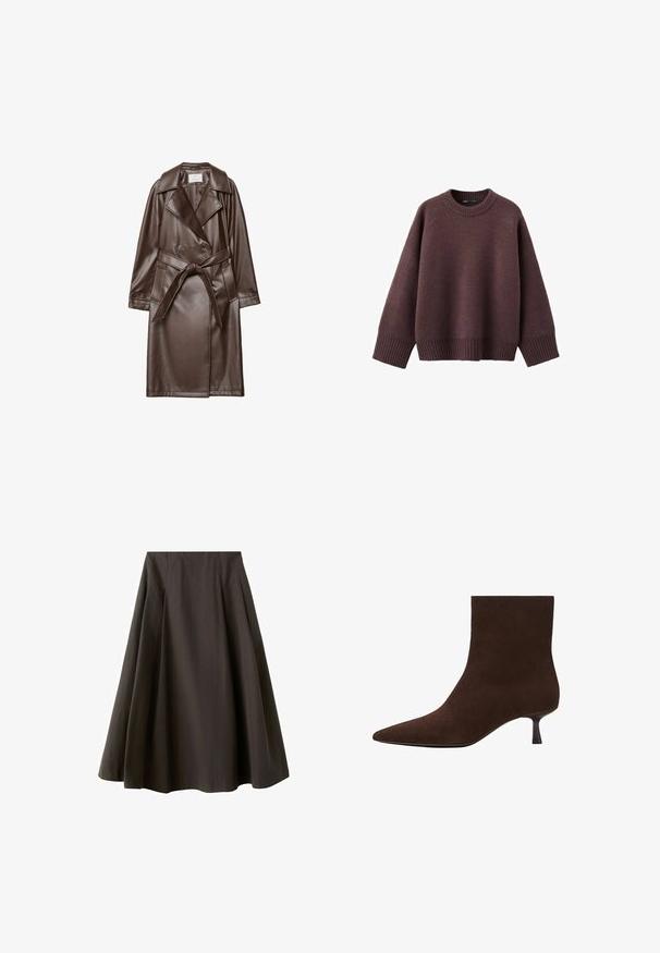Brun læder trench coat med spidse klapper, dobbeltradede knapper, bælte i taljen og sidelommer. Glat tekstur og knælangt design.; Løs pasform sweater i mørk bordeaux, lavet af blødt strikket stof. Har en ribstrikket rund hals, vide ærmer og en ribstrikket kant.; Sort A-formet nederdel med høj talje og vid nederste kant, lavet af glat stof, vist mod en hvid baggrund.; Brun ruskindsankelstøvle med spids tå og en slank lav hæl. Glat overflade, sømløst design og diskret silhuet.